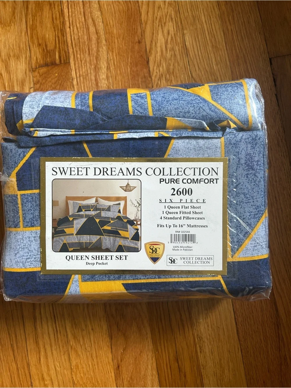 Sweet Dreams Queen Sheet Set in Blue and Yellow Geometric